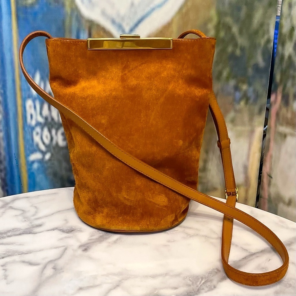 Khaite Etta Suede Bucket Bag Leather Crossbody Brown Gold Frame GUC - Picture 4 of 12